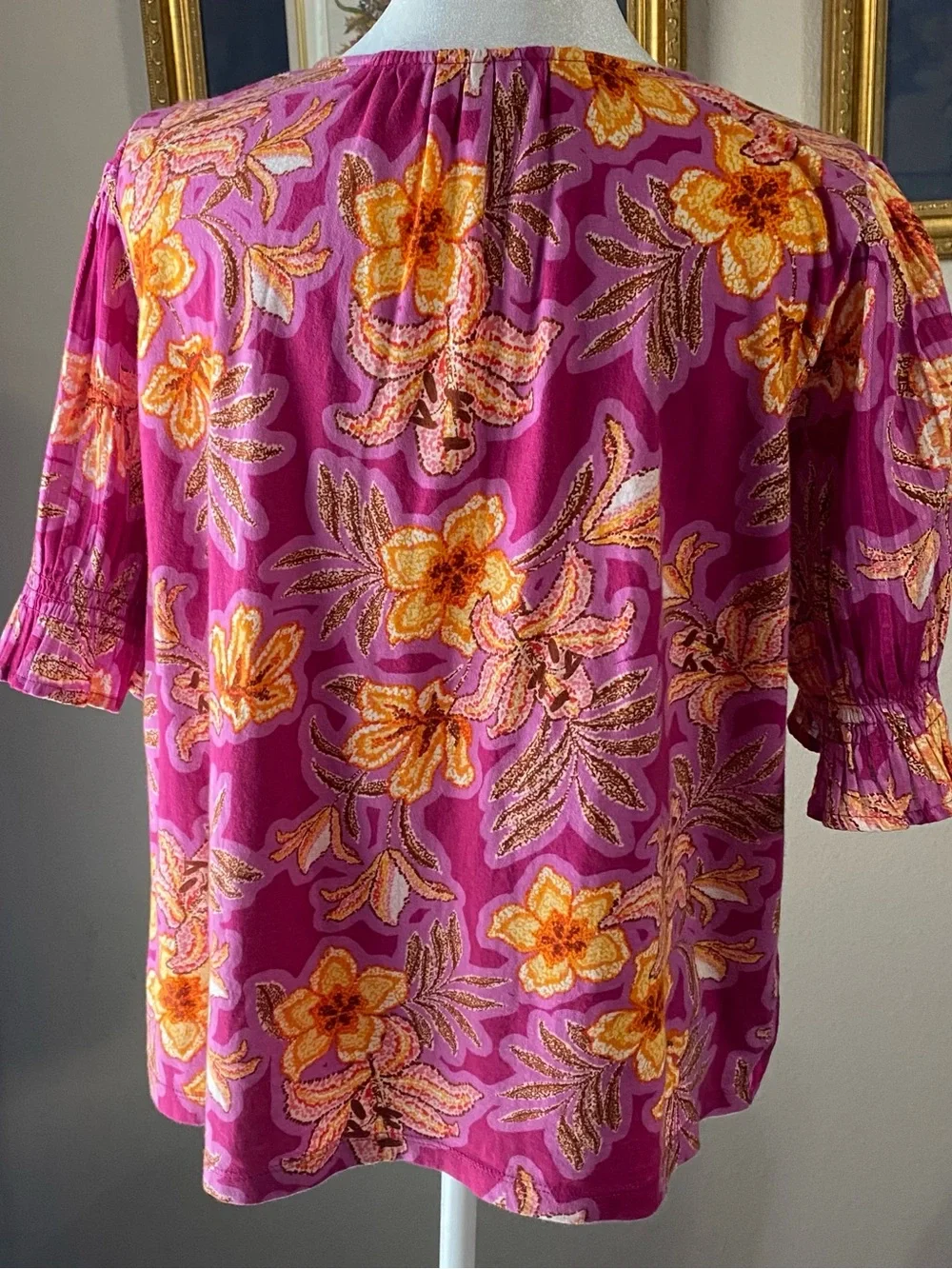 Loft Top Small Pink Orange Floral Button Front Cotton Short Sleeve Boho Peasant